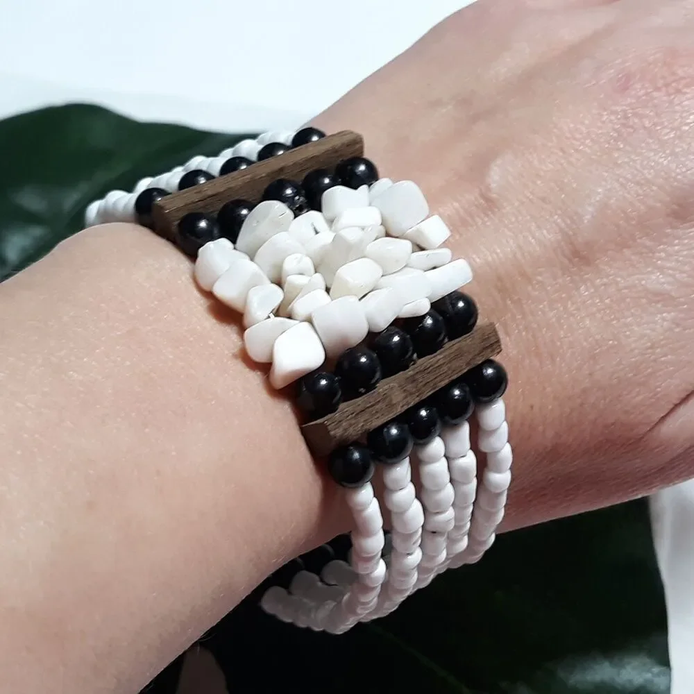 Large Stretch Cuff Bracelet Beach Ocean Tropical Vacation White Brown Black Bead